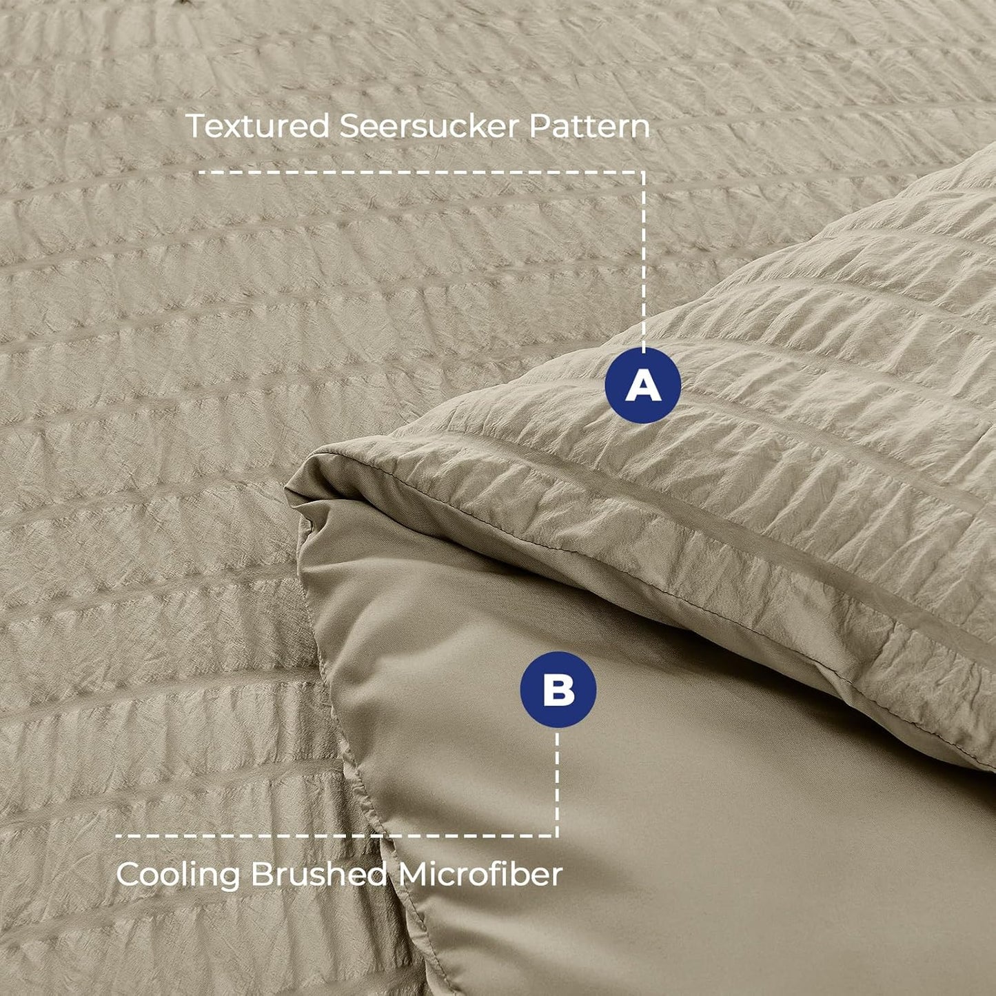 Textured seersucker pattern and cooling brushed microfiber of a beige fabric
