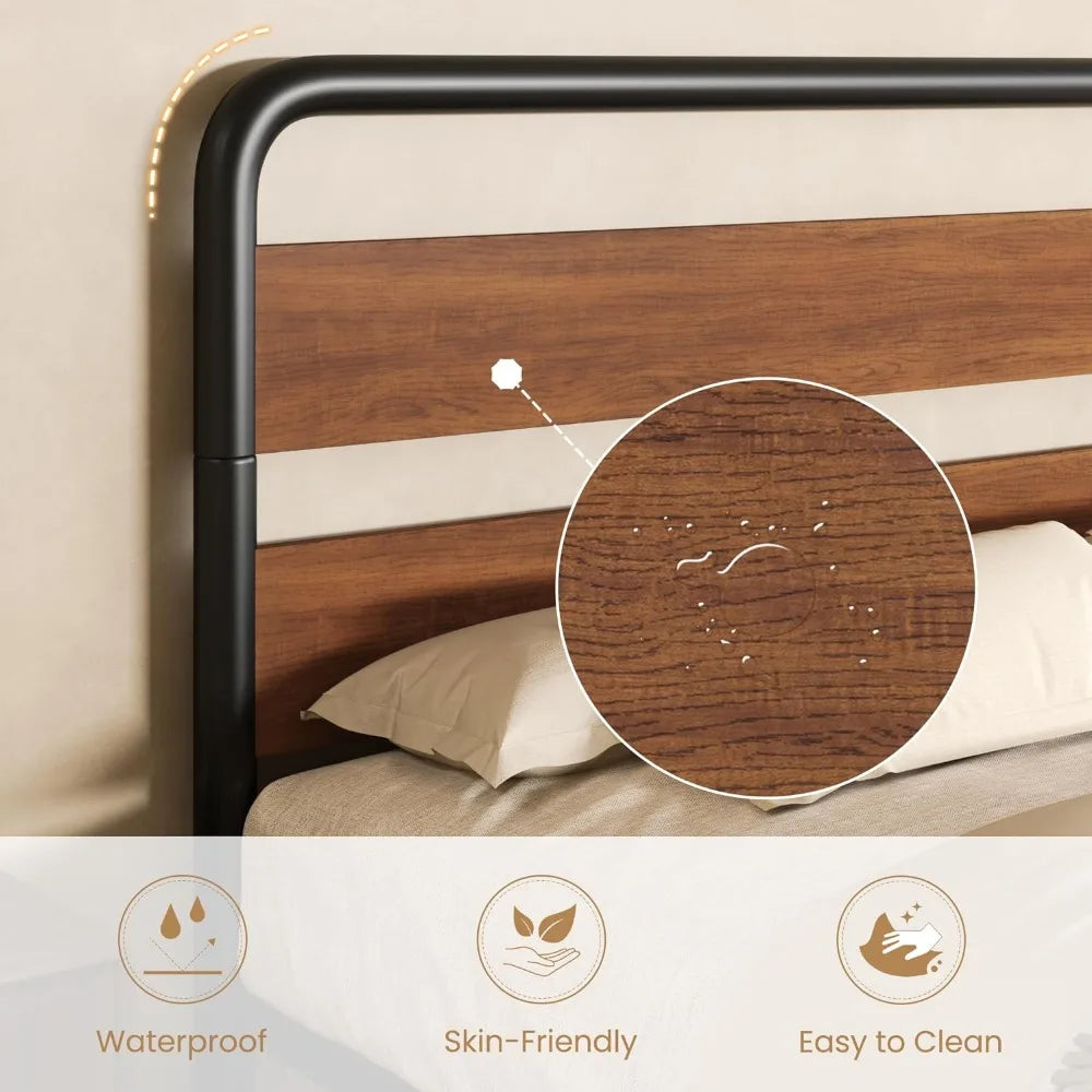 Wooden Headboard Metal Frame Bed