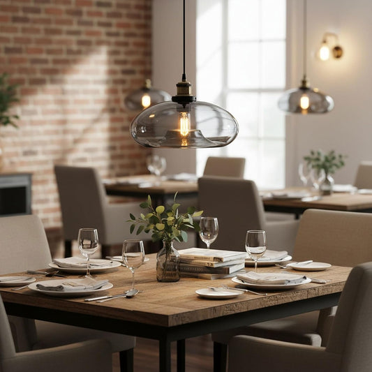 Dining room with wooden table set for dinner, brick wall, and pendant lights.