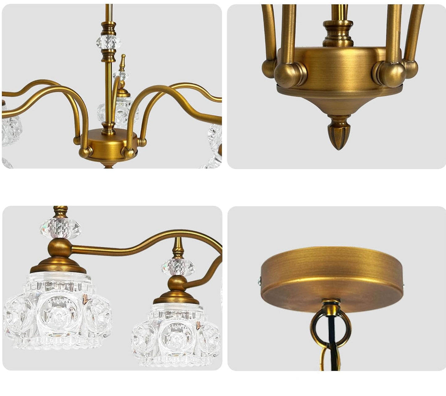 Chandelier with text highlighting 'Premium Quality', 'Elegant Design', 'Brushed Bronze Finish', 'Crystal Glass Lampshades', and 'Durable Metal Chassis'.