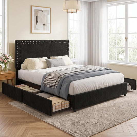 A black upholstered platform bed with a tall nailhead trim headboard, shown in a bright bedroom with white bedding, gray throw blanket, storage drawers pulled out, and a beige rug.