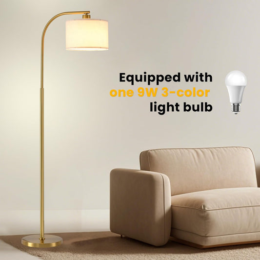 Gold floor lamp with beige shade next to a beige sofa, featuring text about a 9W 3-color light bulb.