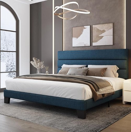Grey Linen Mid Century Bed Frame