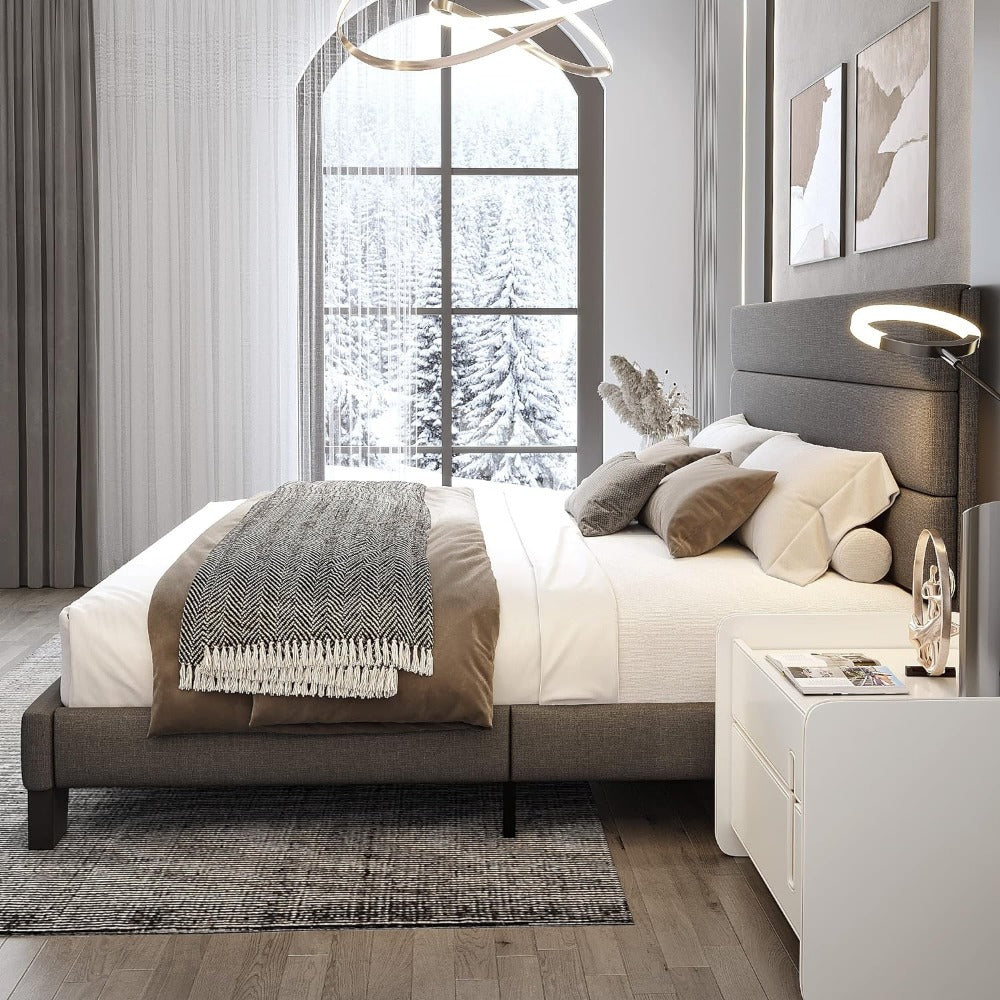 Grey Linen Mid Century Bed Frame