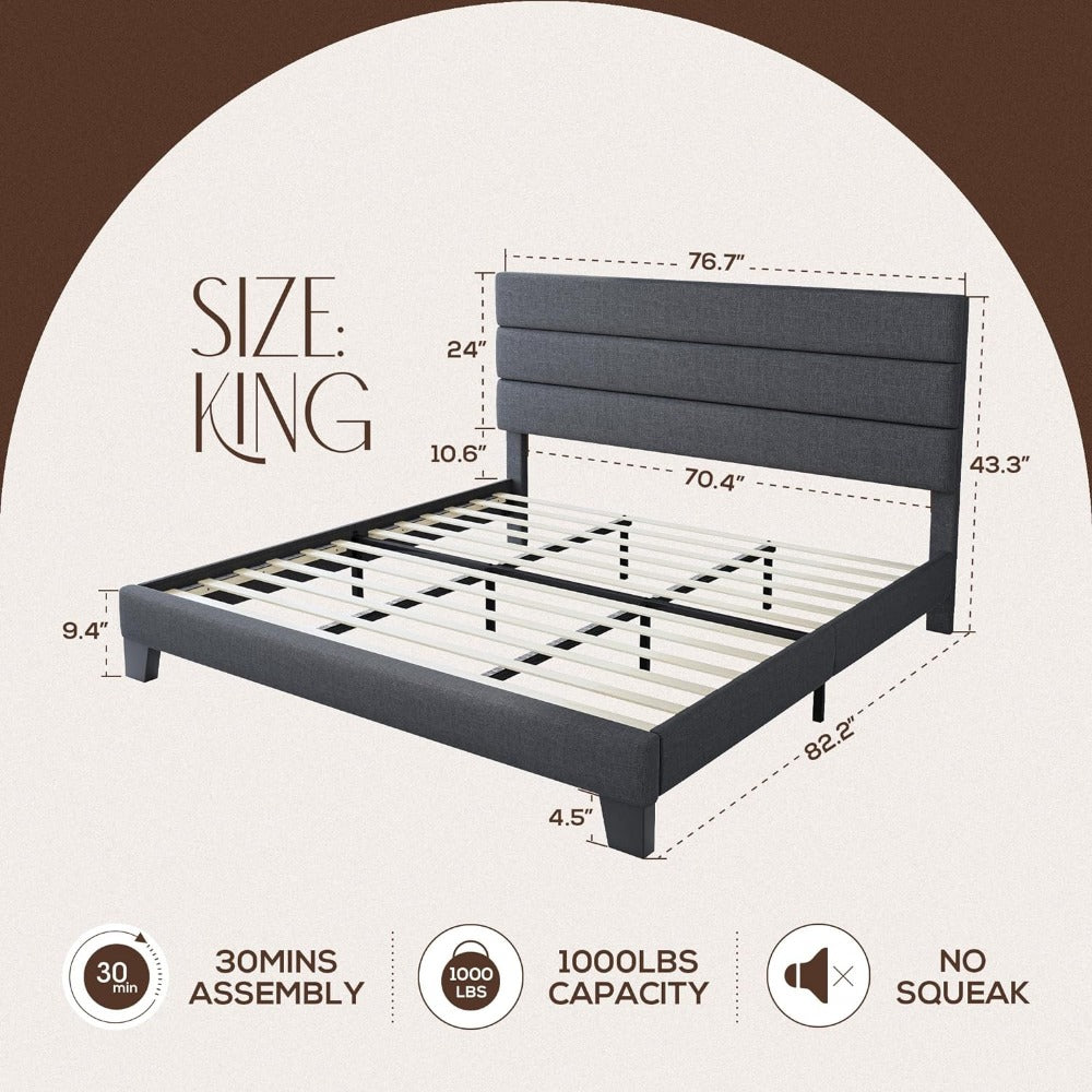 Grey Linen Mid Century Bed Frame