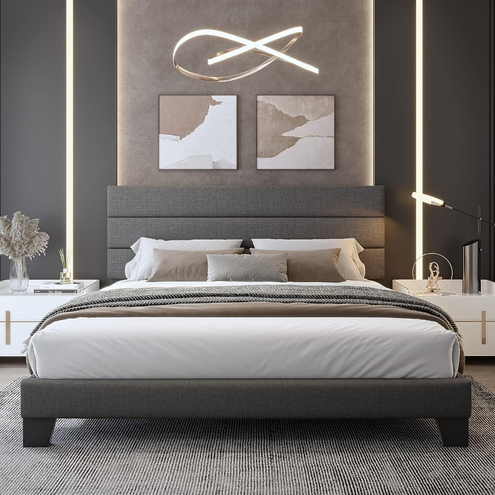 Grey Linen Mid Century Bed Frame