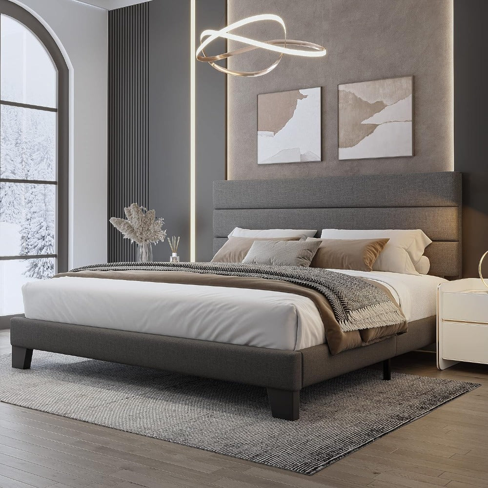Grey Linen Mid Century Bed Frame