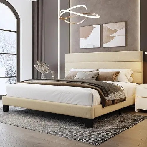 Grey Linen Mid Century Bed Frame - Decorstly