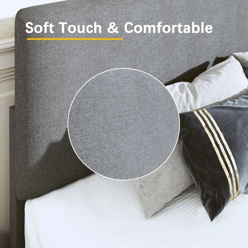 Mid Century Light Grey Linen Fabric Bed Frame