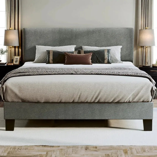 Mid Century Light Grey Linen Fabric Bed Frame - Decorstly