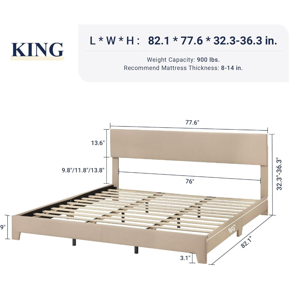 Wood Slats Beige Mid Century Bed Frame