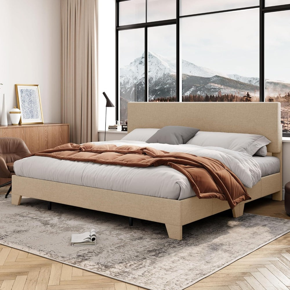 Wood Slats Beige Mid Century Bed Frame