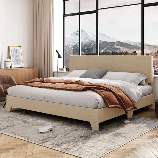 Wood Slats Beige Mid Century Bed Frame - Decorstly