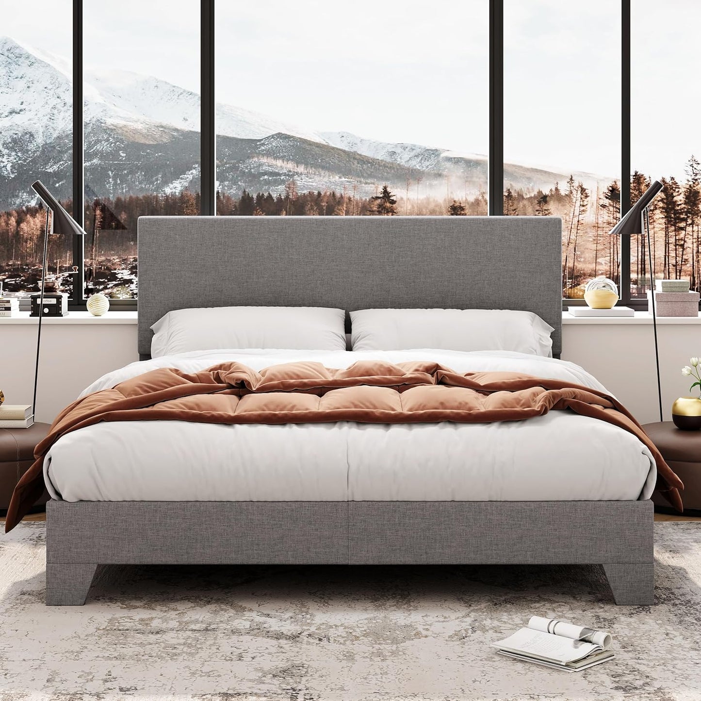 Wood Slats Beige Mid Century Bed Frame