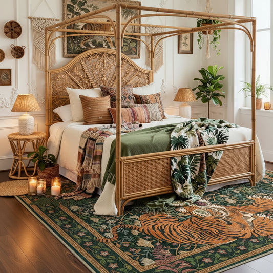 Decorative bedroom with a bed, tiger-themed rug, and wall art.