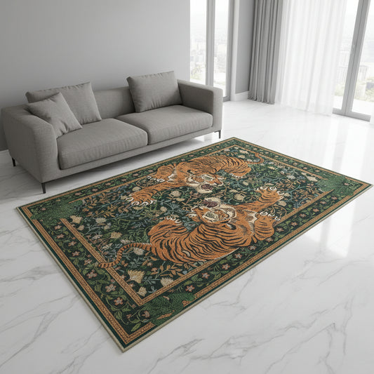 Decorative rug with tiger design in a home setting