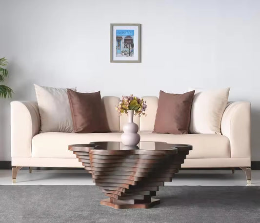 Side view highlighting the sturdy wooden base and sleek circular design