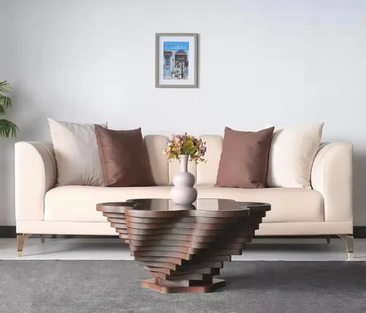 Side view highlighting the sturdy wooden base and sleek circular design