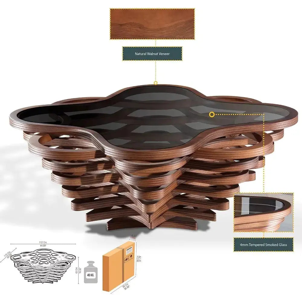 walnut veneer coffee table showing material and dimensions