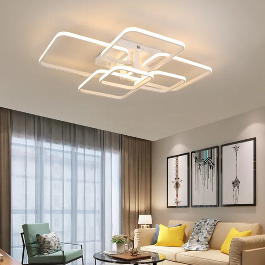 White acrylic rectangle chandelier highlighting slim aluminum frame and integrated LED light