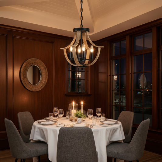 Dining room with wooden table and gray chairs near large windows.
