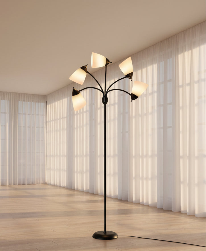 Floor lamp with multiple lights in a living room setting