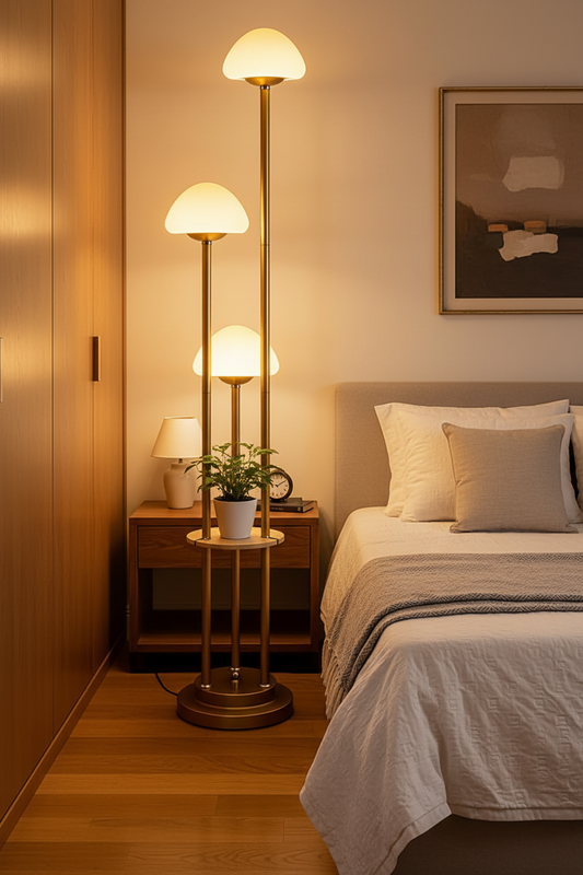 Modern bedroom with a bed, floor lamps, and side table.