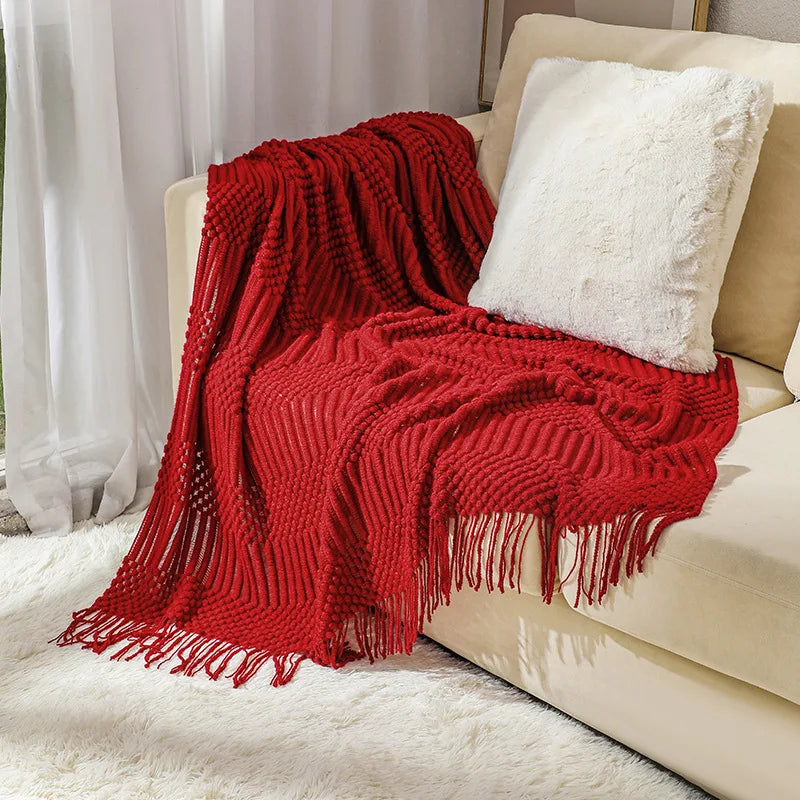 Nordic Knitted Shawl Blanket: Red