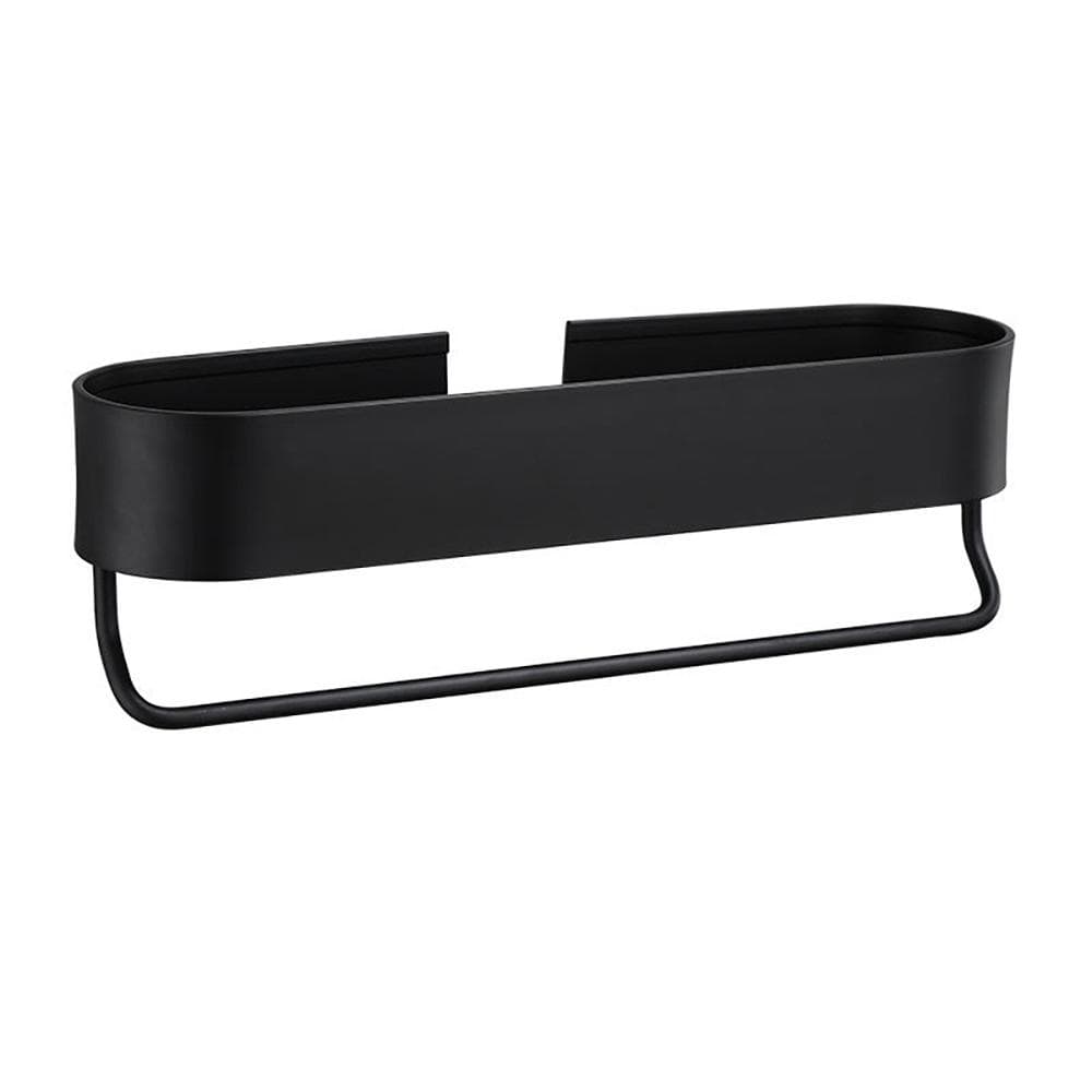 black bathroom shelf with towel bar