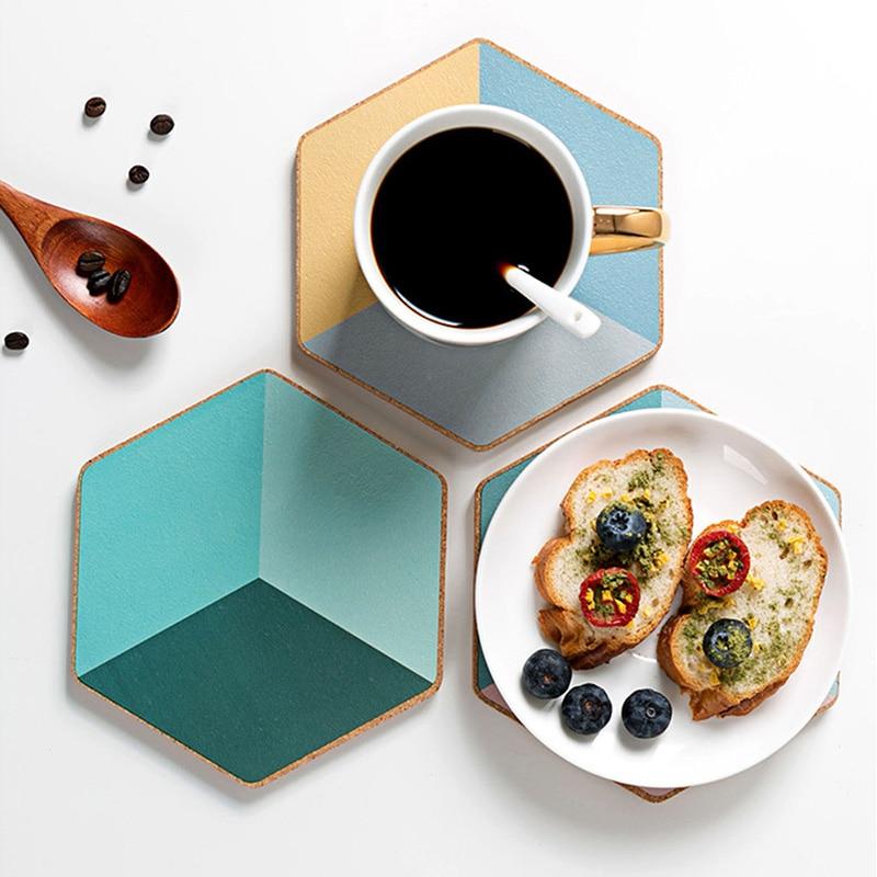 Geometric Hexagon Wood Cork Coaster Placemat