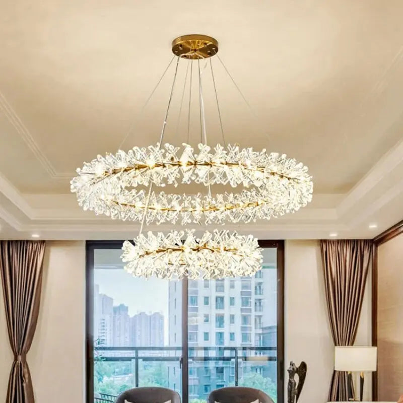 bronze crystal chandelier with two rings shape over the dining table
