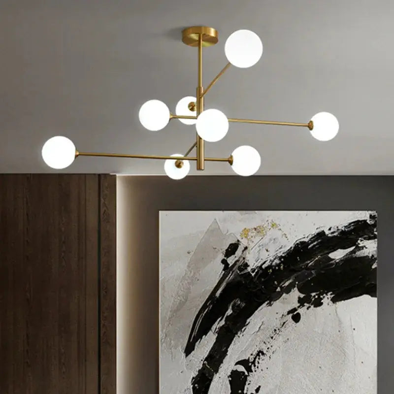 Glass Bubble Chandeliers in living room above coffee table