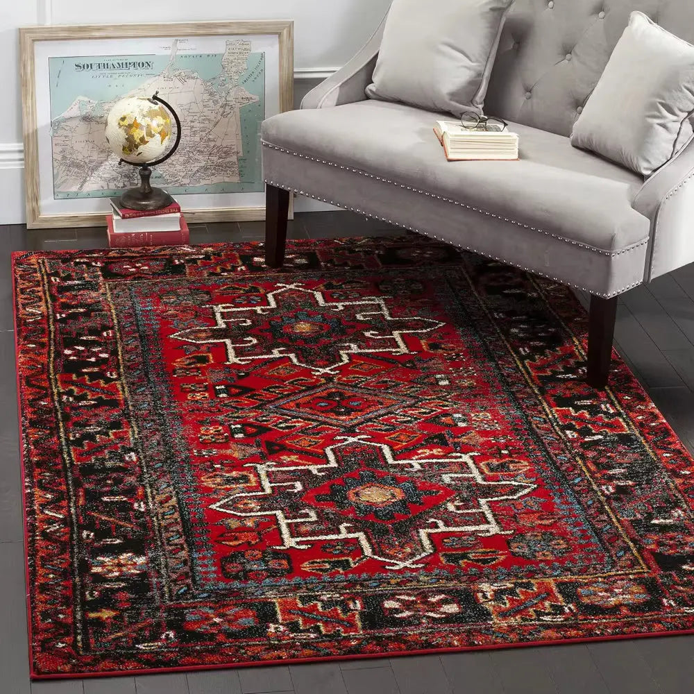 red persian rug under sofa
