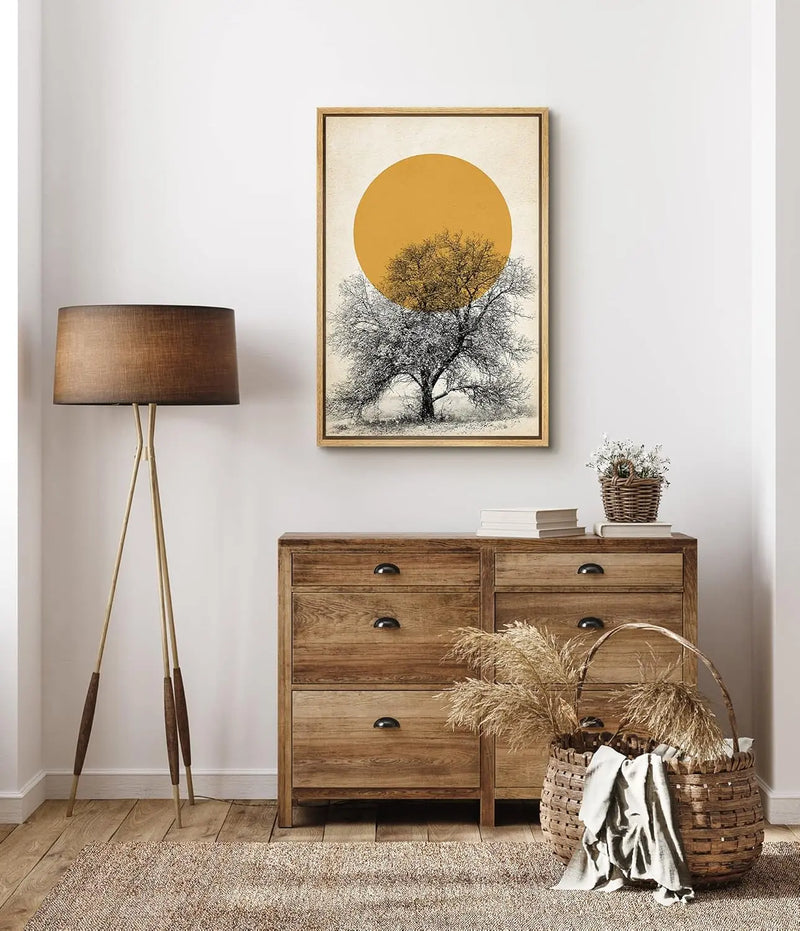 wall art canvas with a floor lamp and a wooden table