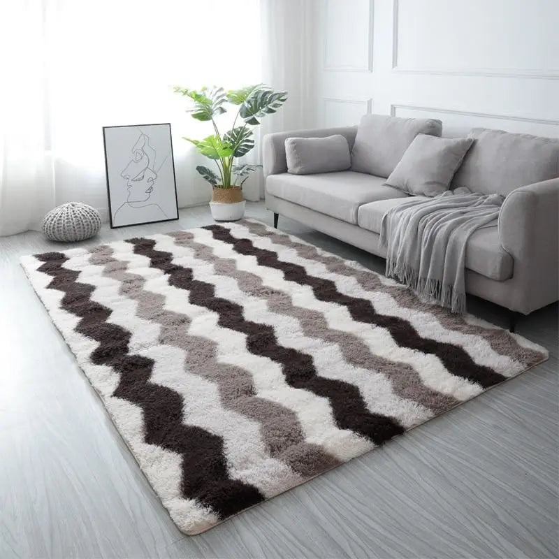 fluffy area rug in living room under sofa