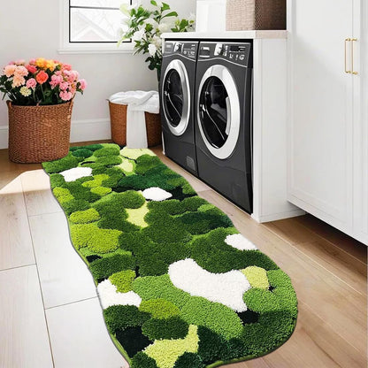 Green textured rug on a wooden floor in a laundry room with washing machines.
