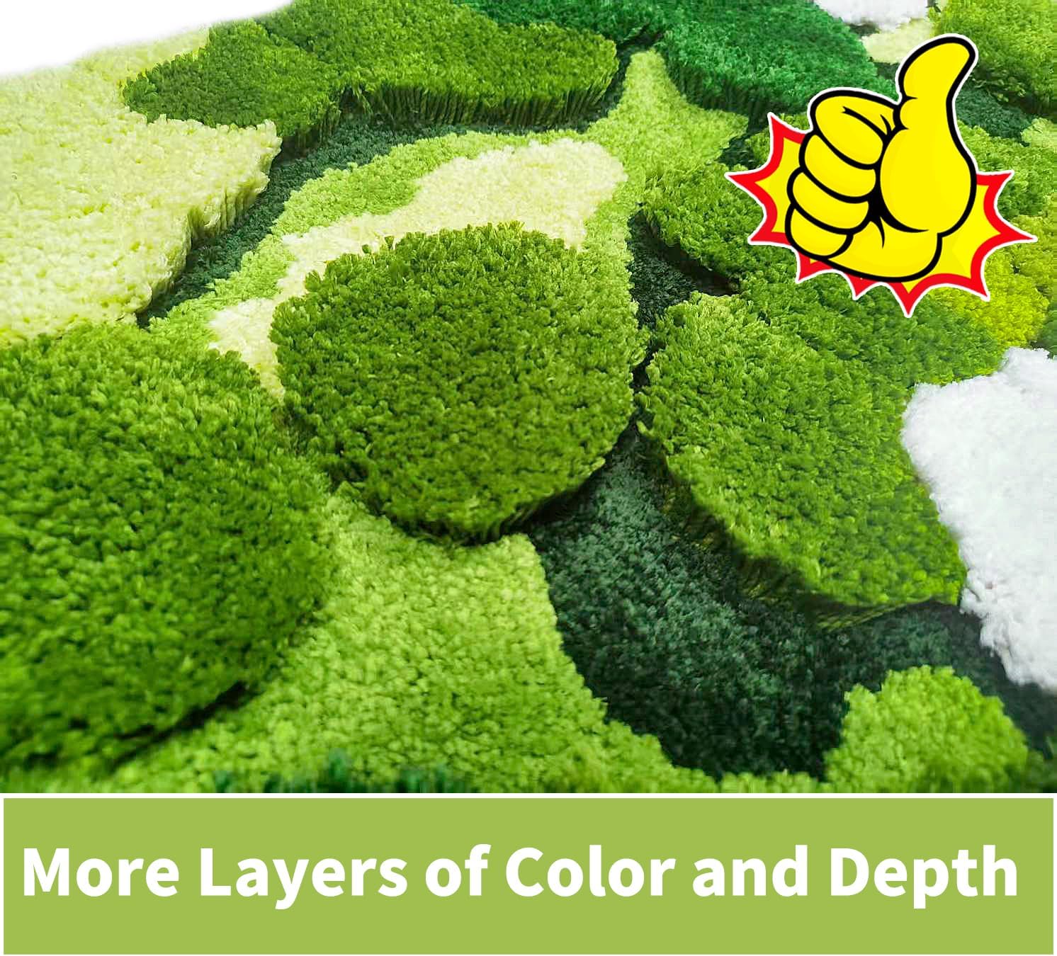 Artificial grass with a textured surface, featuring a yellow thumbs-up icon and text 'More Layers of Color and Depth'.