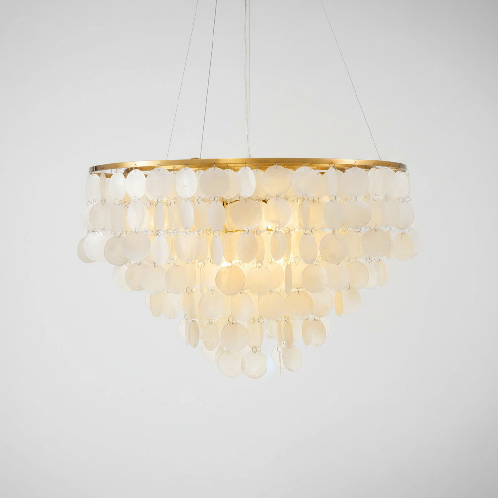 A modern circular chandelier with a gold-finished top rim and multiple tiers of frosted, disc-like glass shades that glow warm white when illuminated, suspended against a plain light gray background.