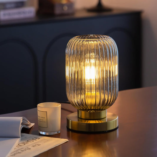 Mid Century Ribbed Glass Shade Table Lamp