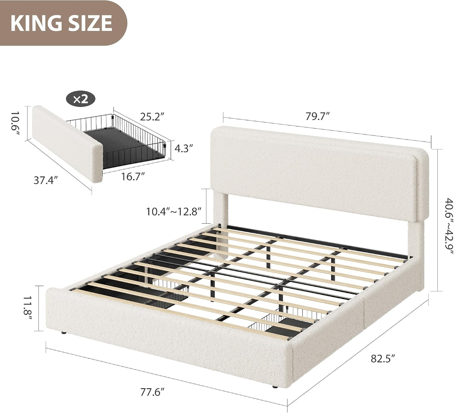 King-size upholstered bed frame with dimension callouts, shown on a white background with a small inset of the mattress size. The bed has a light beige upholstered frame and slatted support base.