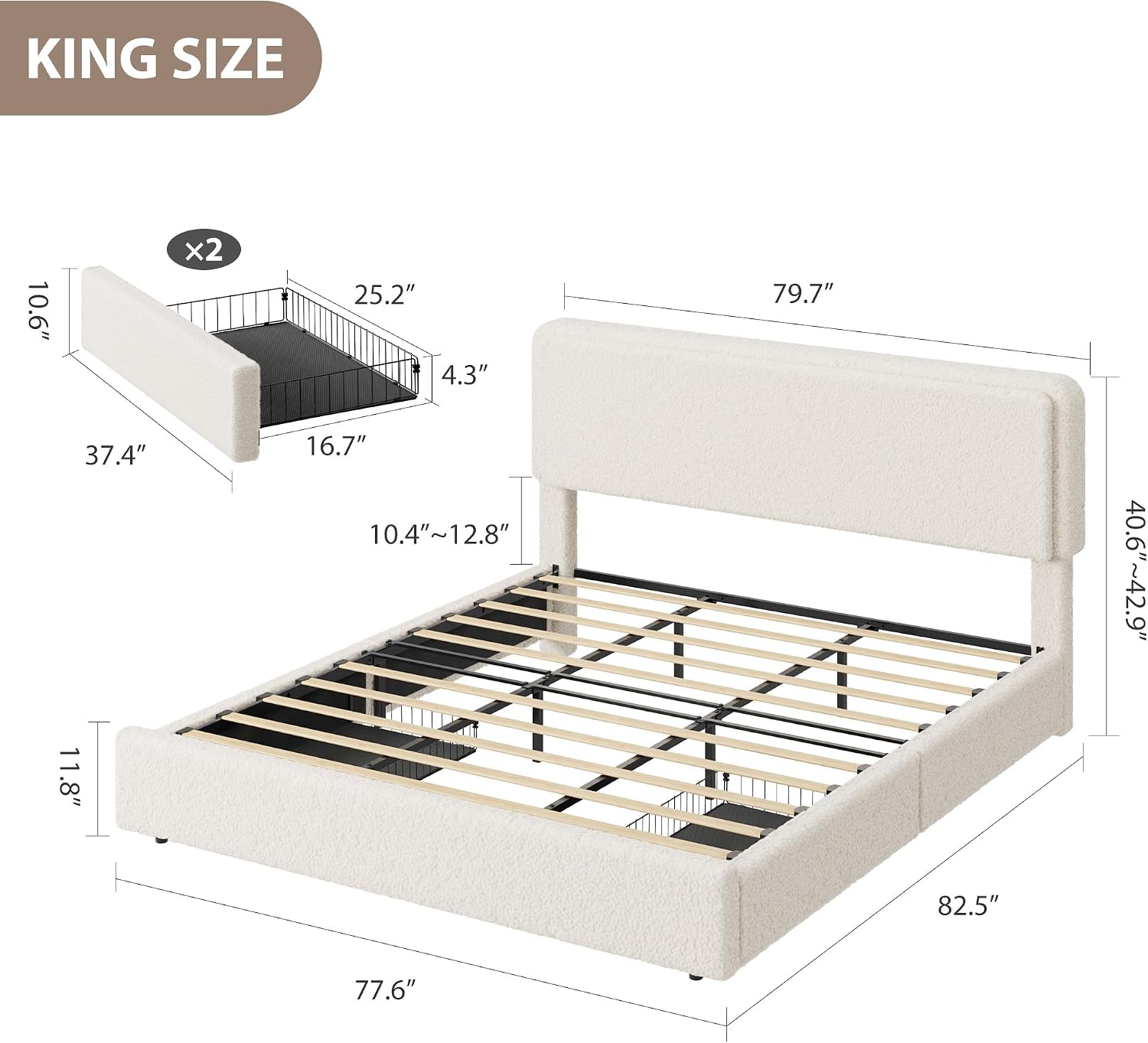 King-size upholstered bed frame with dimension callouts, shown on a white background with a small inset of the mattress size. The bed has a light beige upholstered frame and slatted support base.