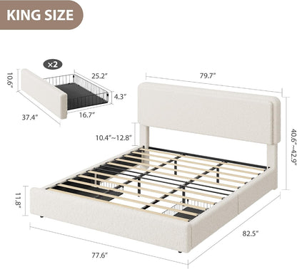 King-size upholstered bed frame with dimension callouts, shown on a white background with a small inset of the mattress size. The bed has a light beige upholstered frame and slatted support base.