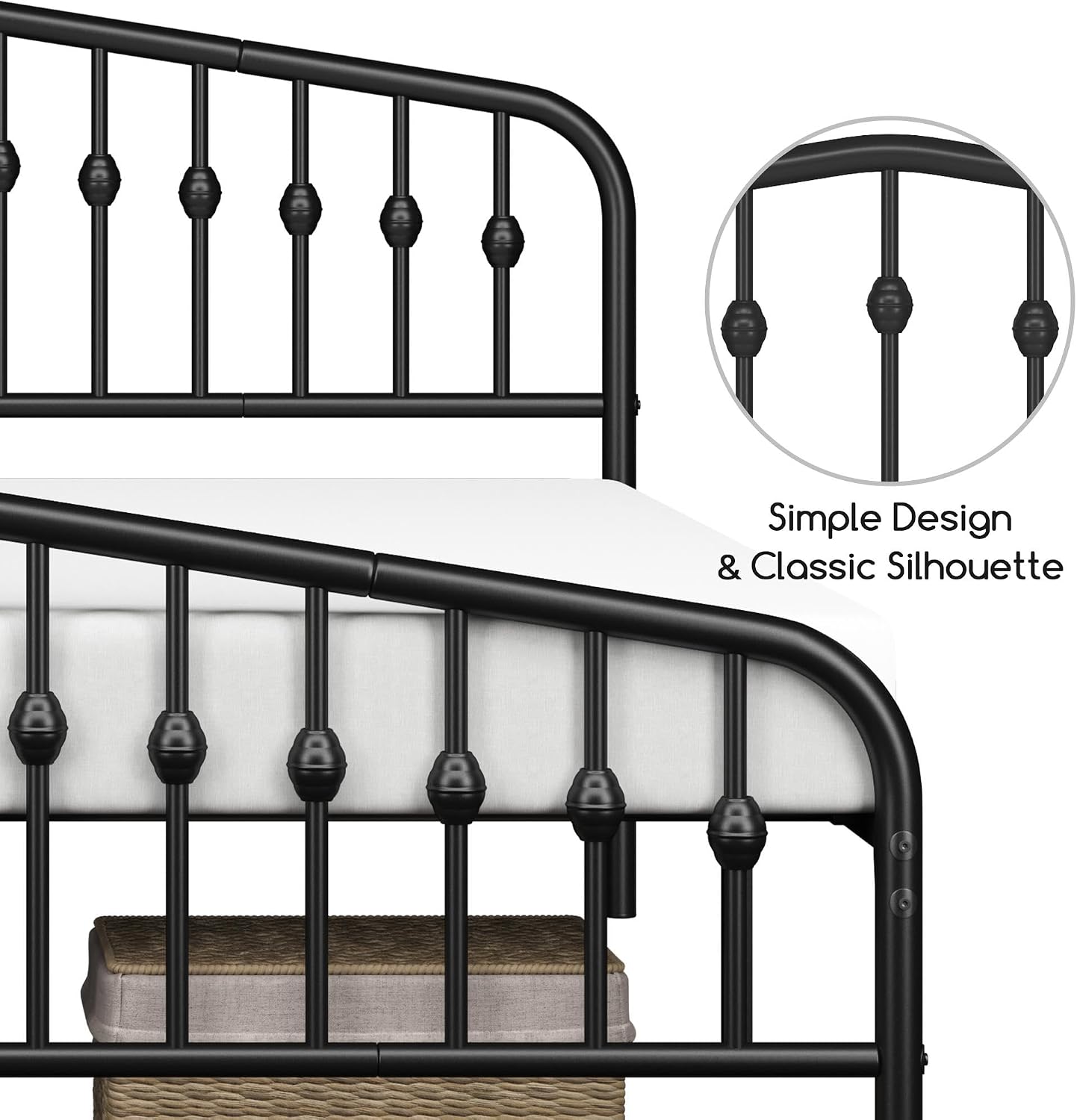Black metal bed frame with a classic spindle-bar design, shown with a mattress on a white background and a circular inset highlighting the spindled detail.