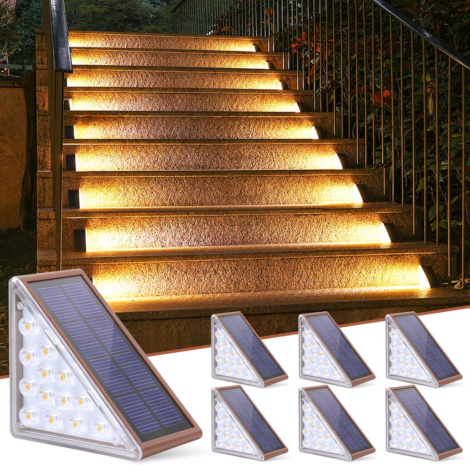 Solar-powered triangle lights illuminating outdoor stairs with additional lights displayed below.