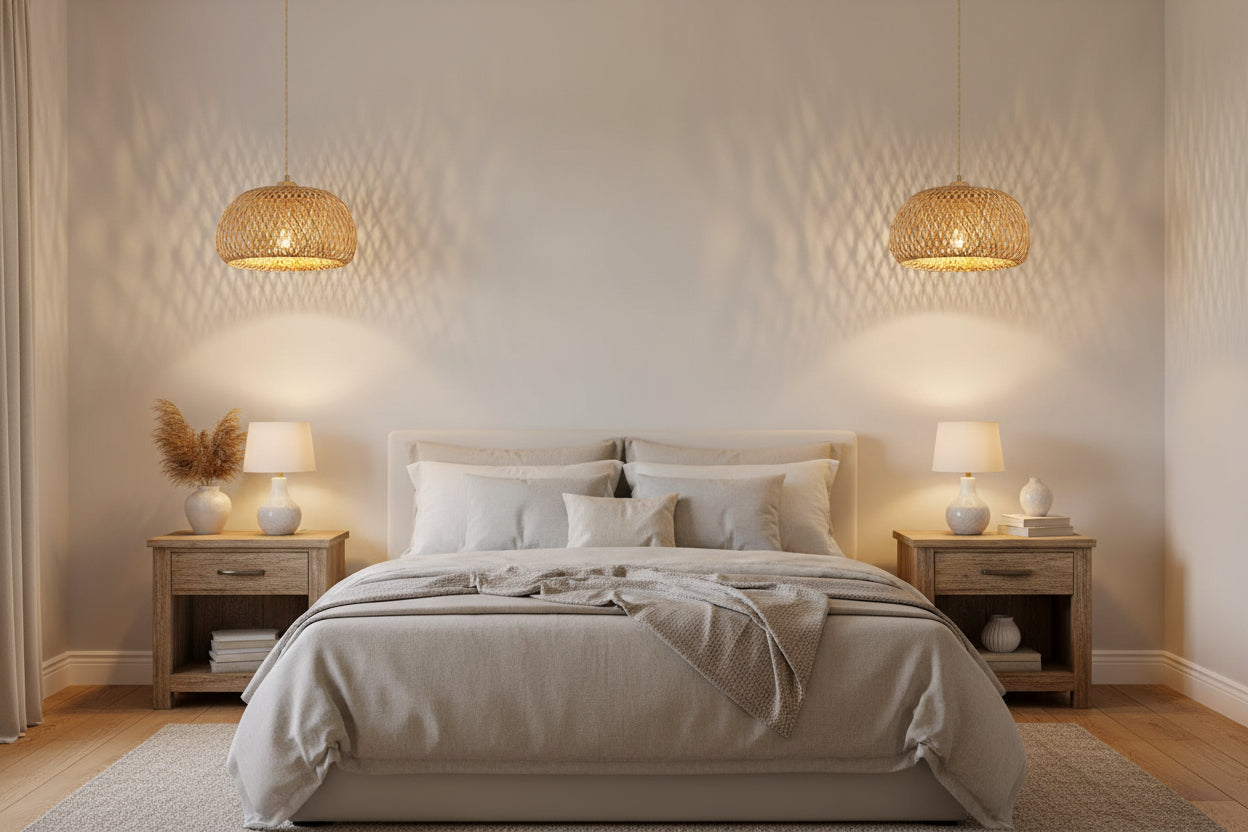A beautifully styled bedroom featuring a bed dressed in neutral beige and white linens, flanked by two wooden nightstands with lamps, under two woven wicker pendant lights casting a warm glow on a textured beige wall.