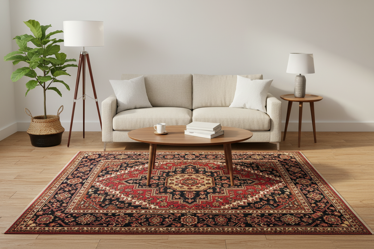 A traditional oriental area rug with a red, beige, and navy pattern is styled in a living room setting on a light wood floor, surrounding a round wooden coffee table, a cream sofa, and a potted plant.