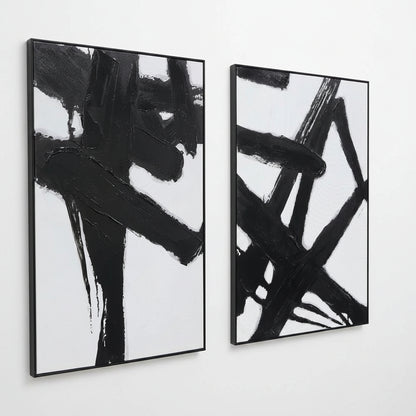 Two abstract black and white artworks on a white background