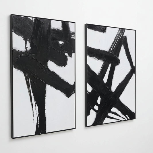 Two abstract black and white artworks on a white background
