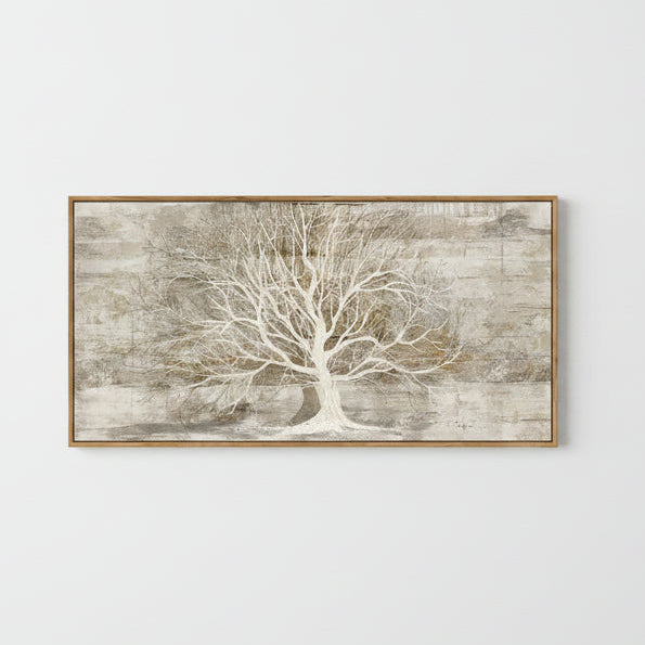 Framed artwork of a white tree on a textured beige background