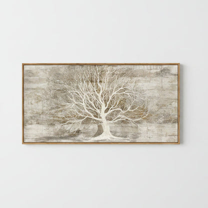 Framed artwork of a white tree on a textured beige background